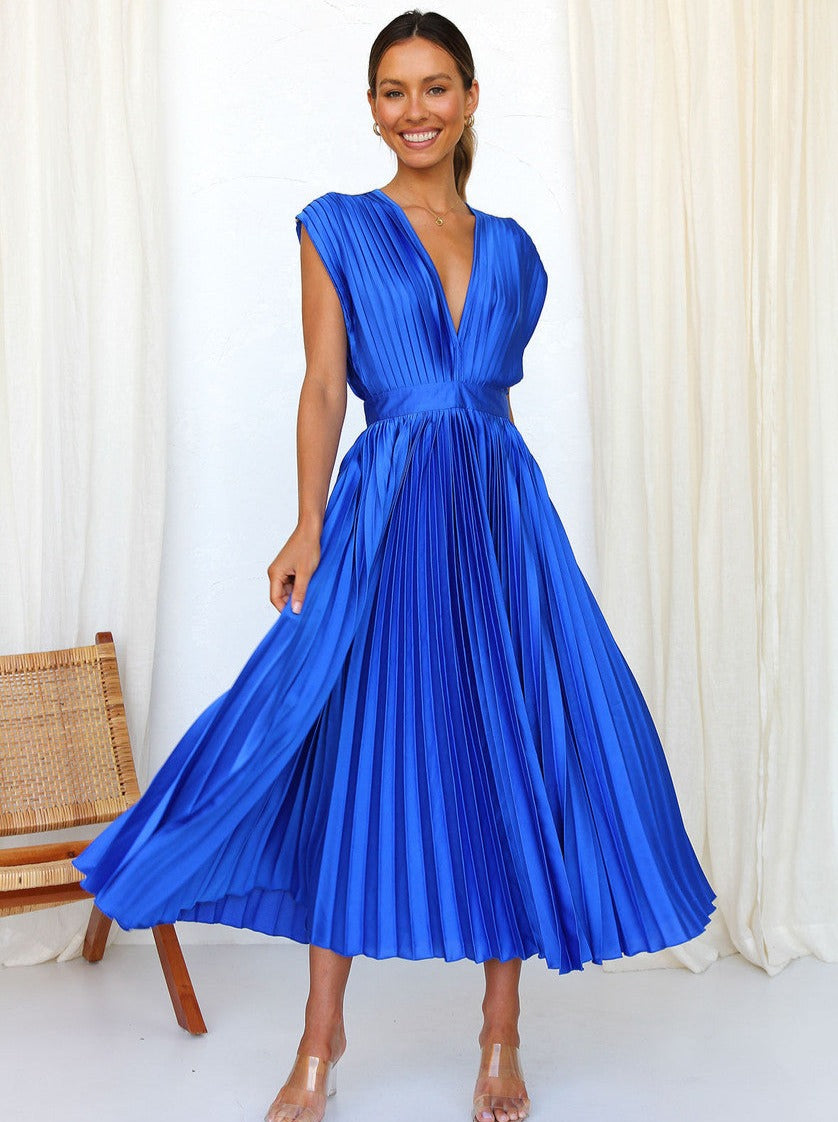 Blue Casual V-Neck Pleated Dress
