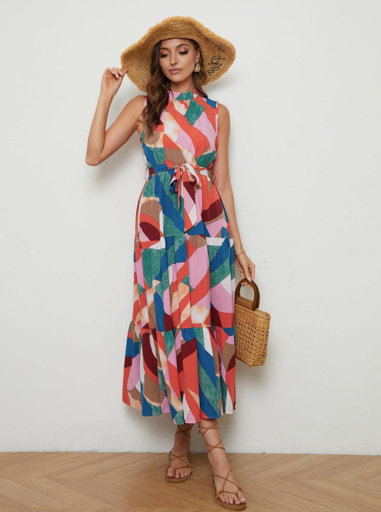 Multicolor Sleeveless Midi Sun Dress