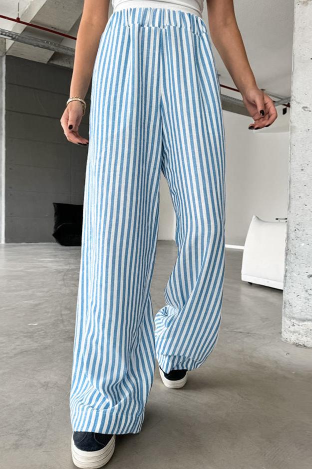 Casual Stripes High Waist Loose Straight Elastic Trousers