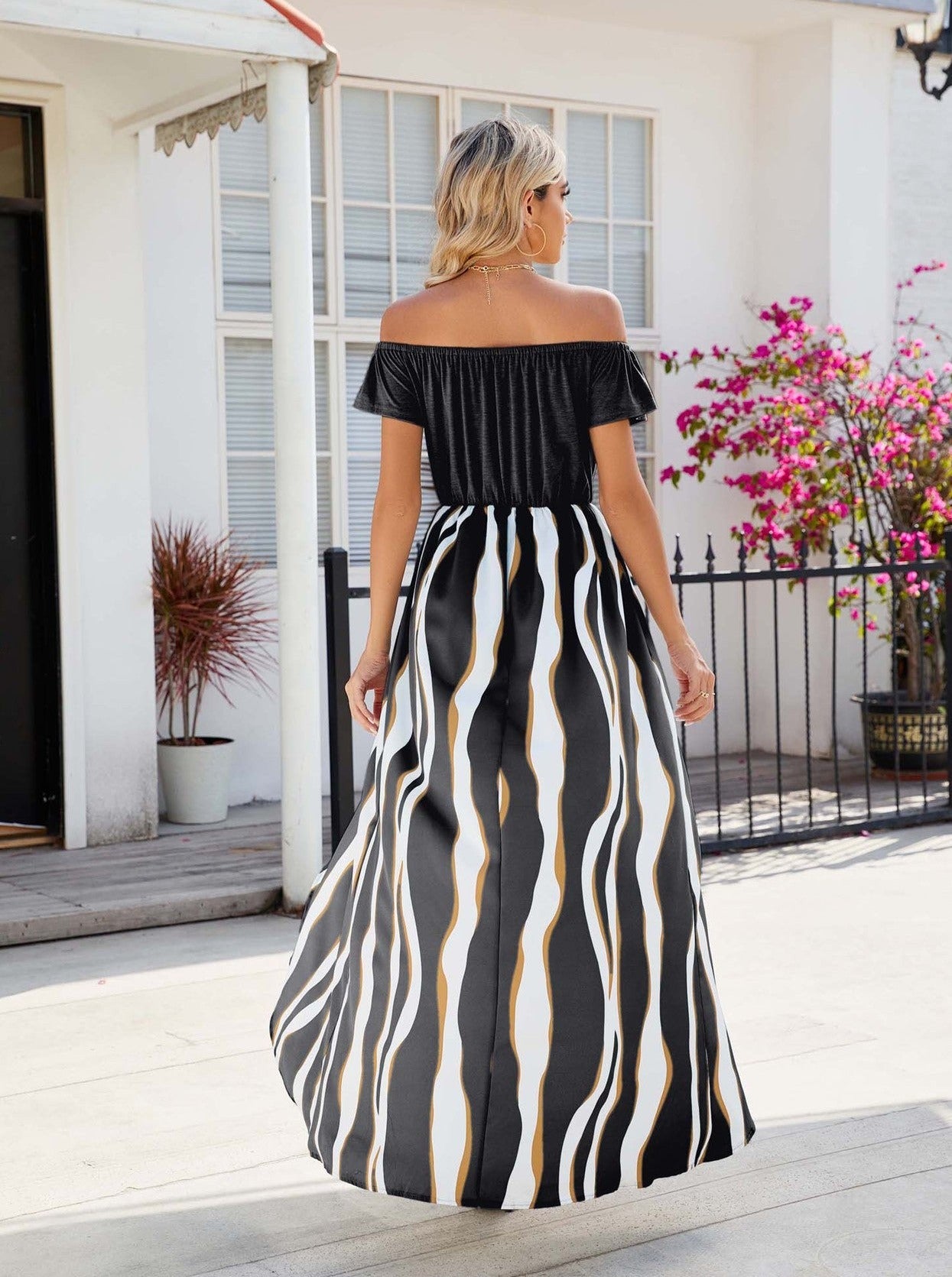 Zebra Pattern Off-Shoulder Waist Short-Sleeved Shorts Dress