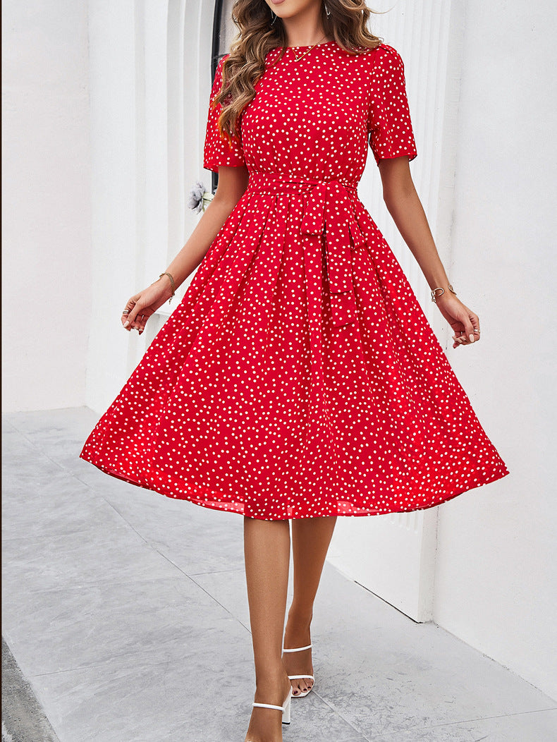 Retro Polka Dots printet rund hals A-line kjole 