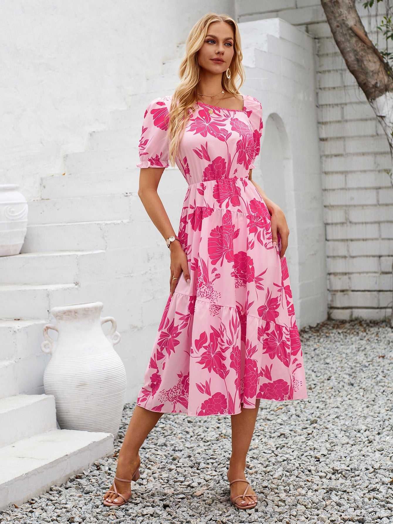 Summer Casual Floral Printed Puff Sleeve Dress