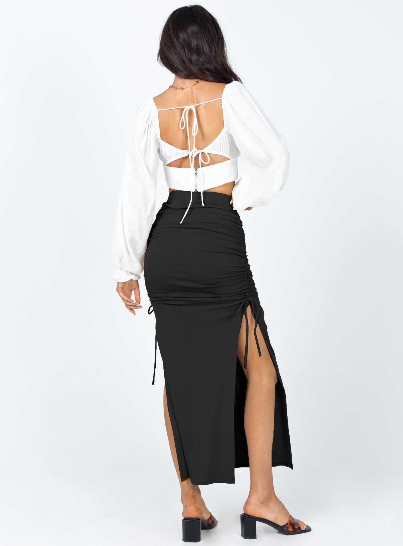 Black High Waist Drawstring Slit Sexy Skirt