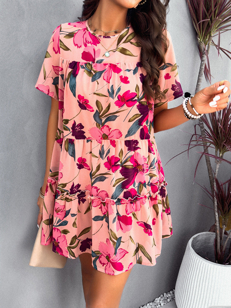 Pink Leisure Vacation Printed Short-Sleeved Dress