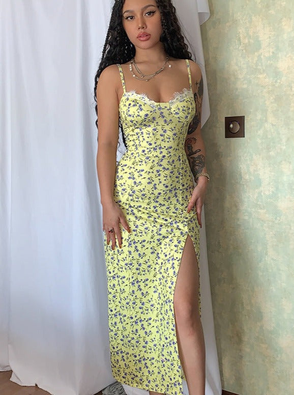 Sexy Slim Floral Slit Suspender Dress