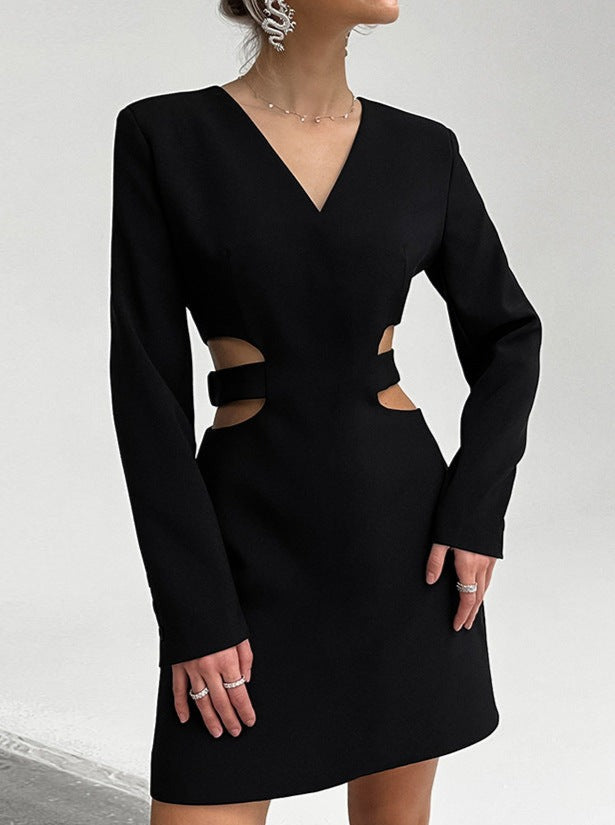 Elegant Black Long Sleeve V-Neck Waist Cut-Out Mini Dress