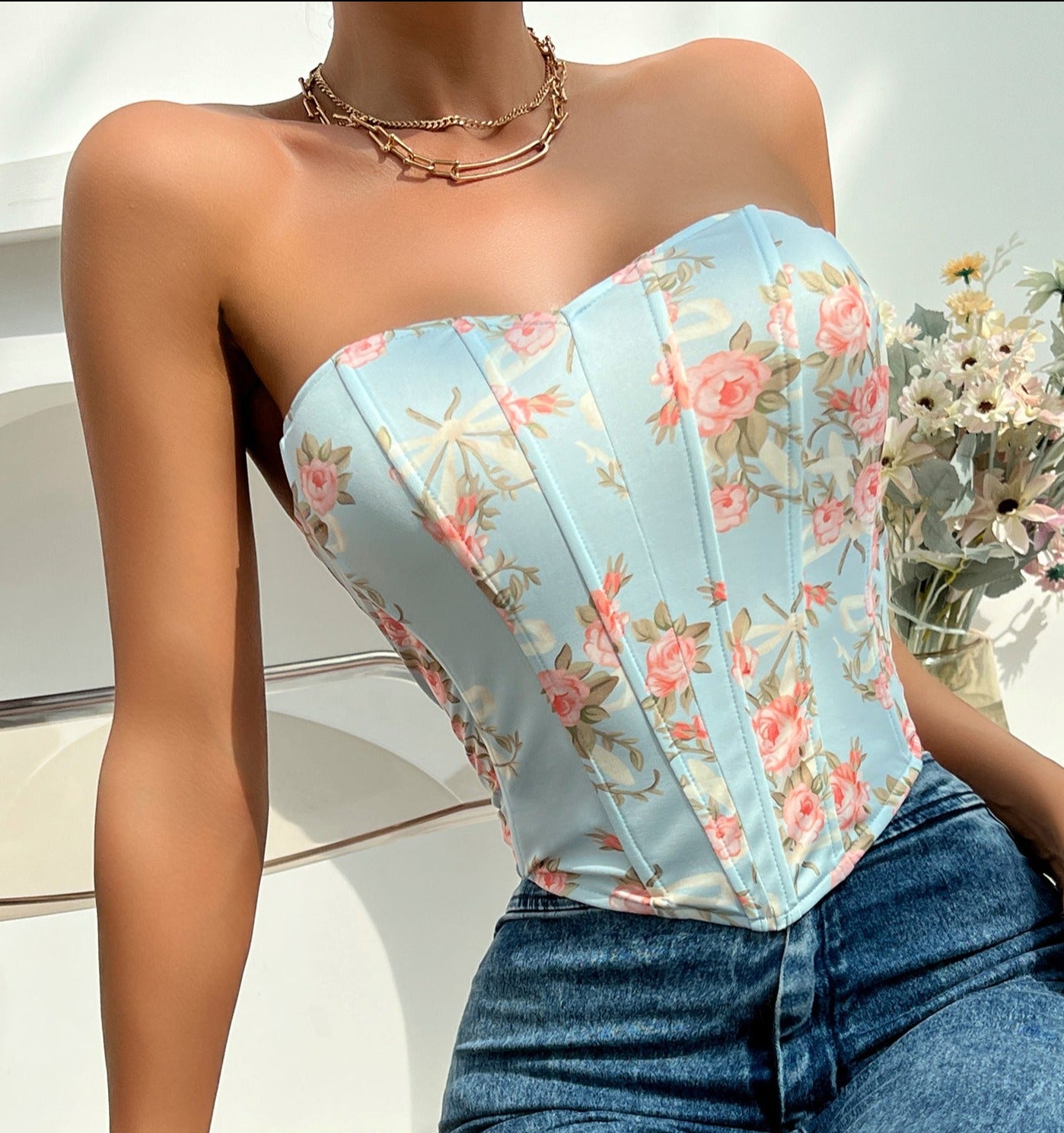 Sexy Low-Cut Blue Flower Wrapped Chest Fishbone Waist Top