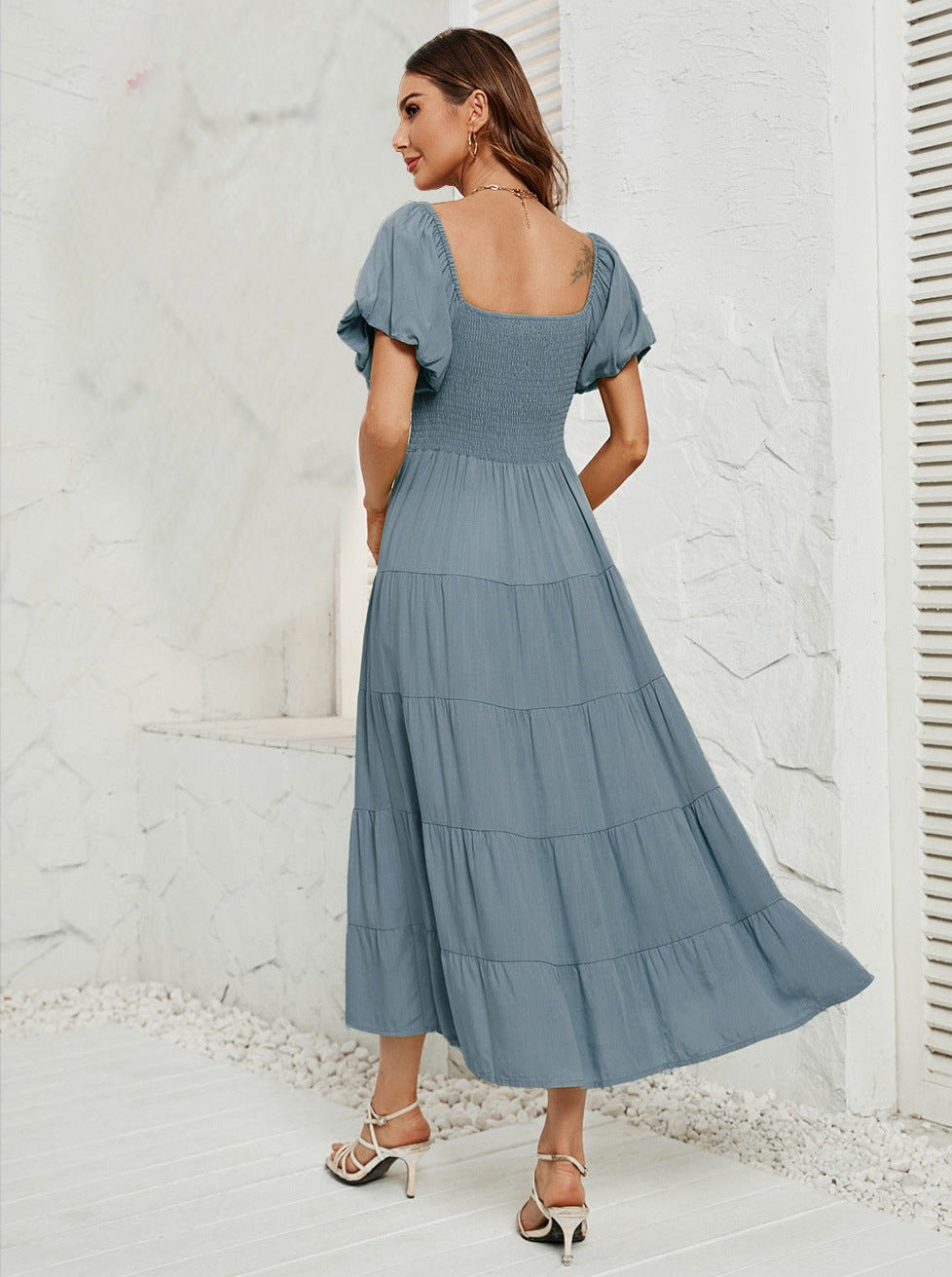 Grey and Blue High Waist Bubble Sleeve Square Neck Maxi Dress