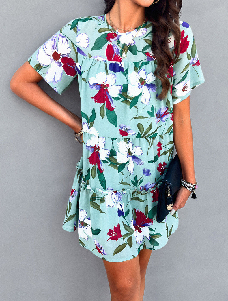Green Leisure Vacation Printed Short-Sleeved Dress