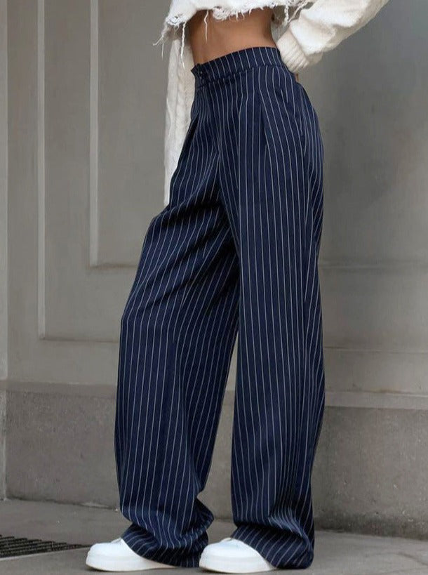 Casual Retro Blue Striped Loose Pants