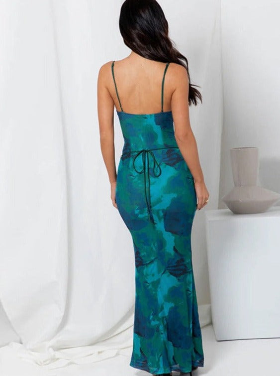 Slim Sexy Backless Lace-Up Printed Halter Dress
