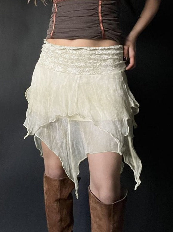 White High Waist Mesh Asymmetrical Skirt