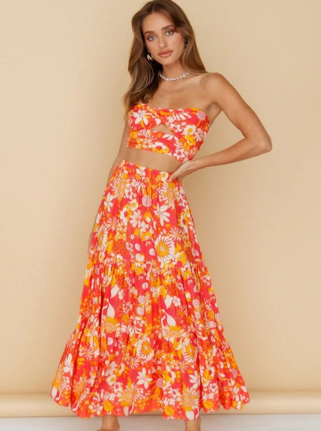 Summer Women's Strapless Floral Print Pleated Two Piece Set