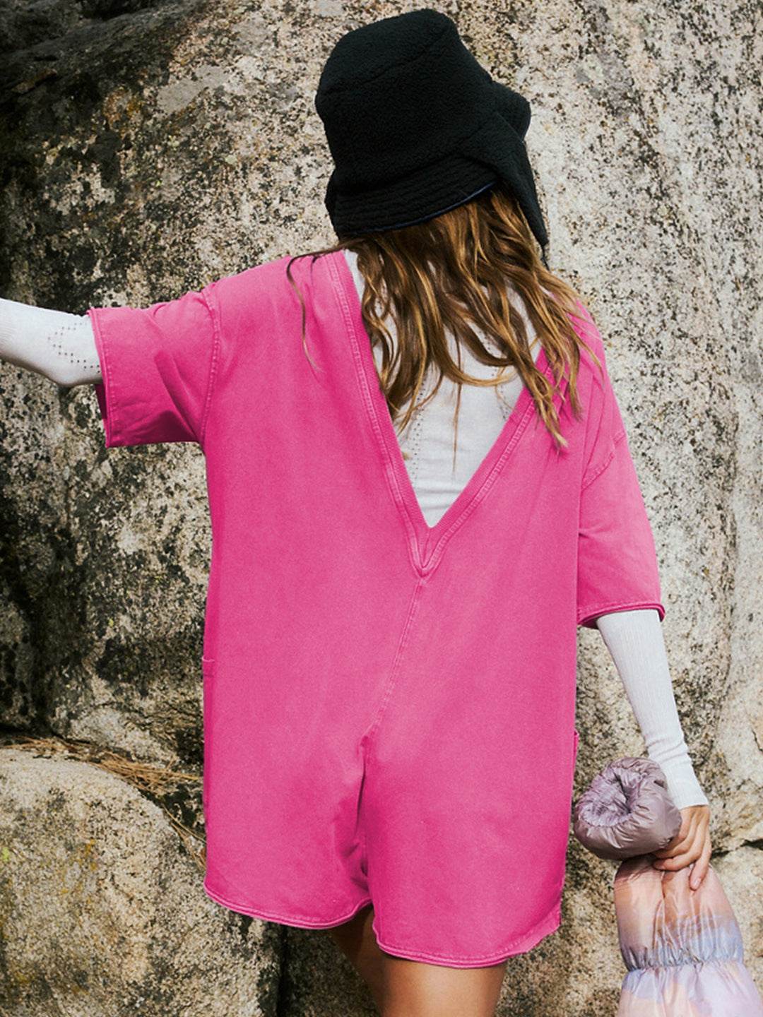 Pink Short Sleeve Pocketed Backless Rompers