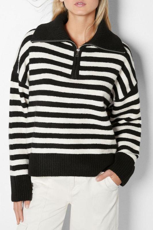 Loose Stripe Collared Half Zip Long Sleeve Sweater