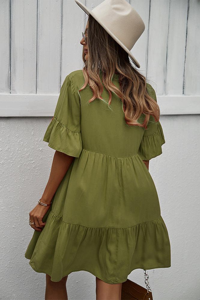 Sexy Frill V-Neck Drawstring Tie Smock Dress