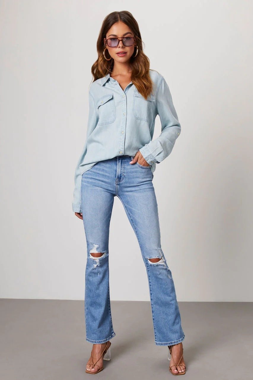 Long Sleeve Collared Denim Blouse