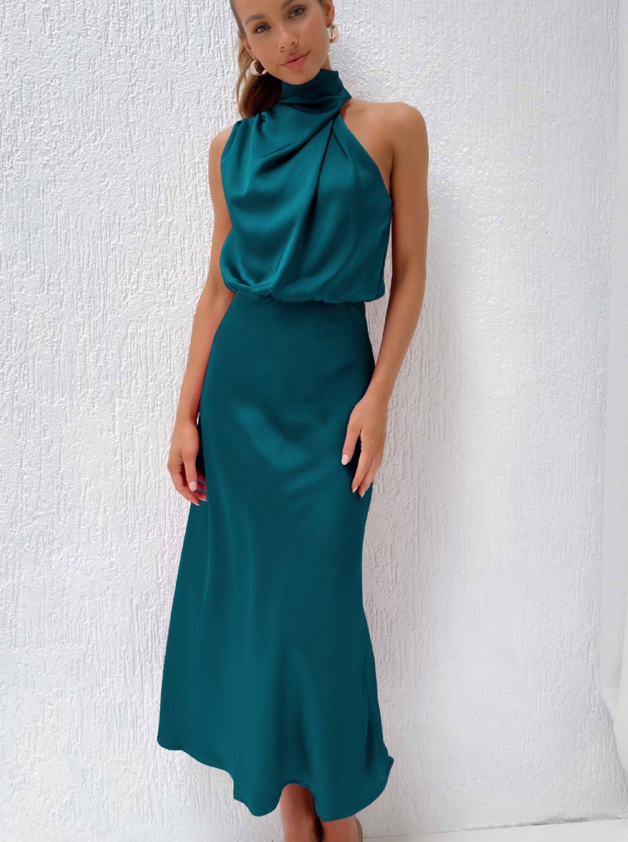 Elegant Blue Halter Neck Dress