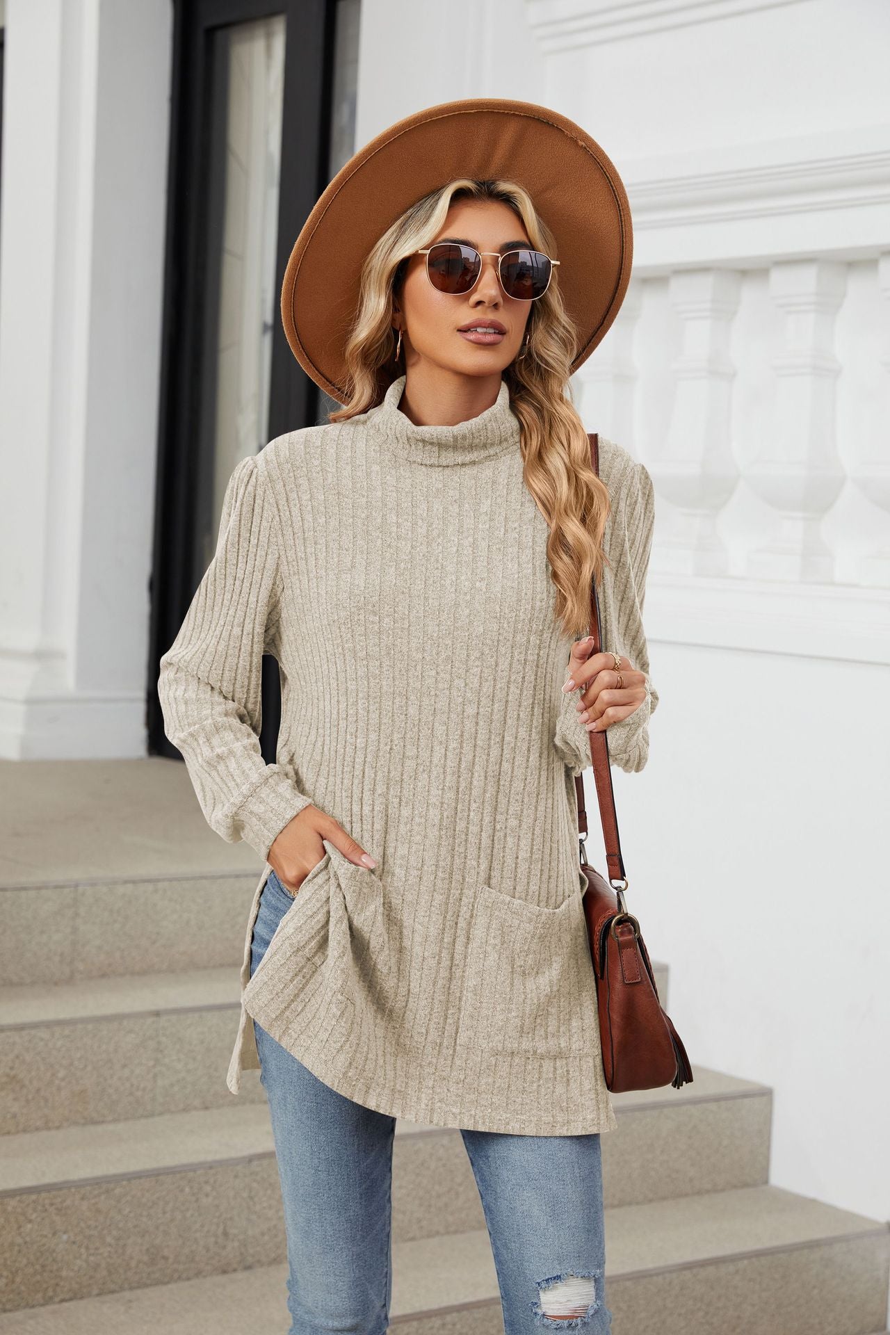 High Collar Long Sleeve Long T-Shirt