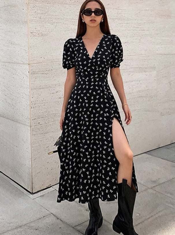 Black Puff Sleeve V-Neck Overall Printed Slit Dress