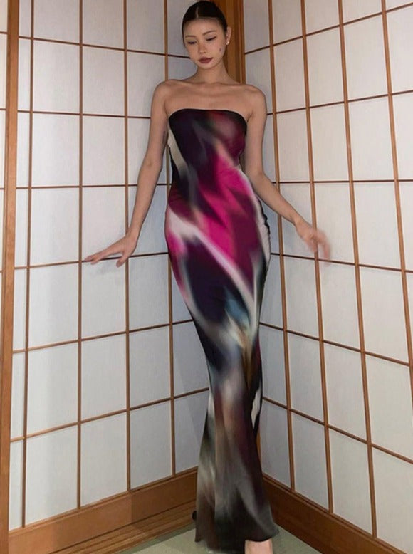 Aurora Abstract Print Sleeveless Slimming Long Dress