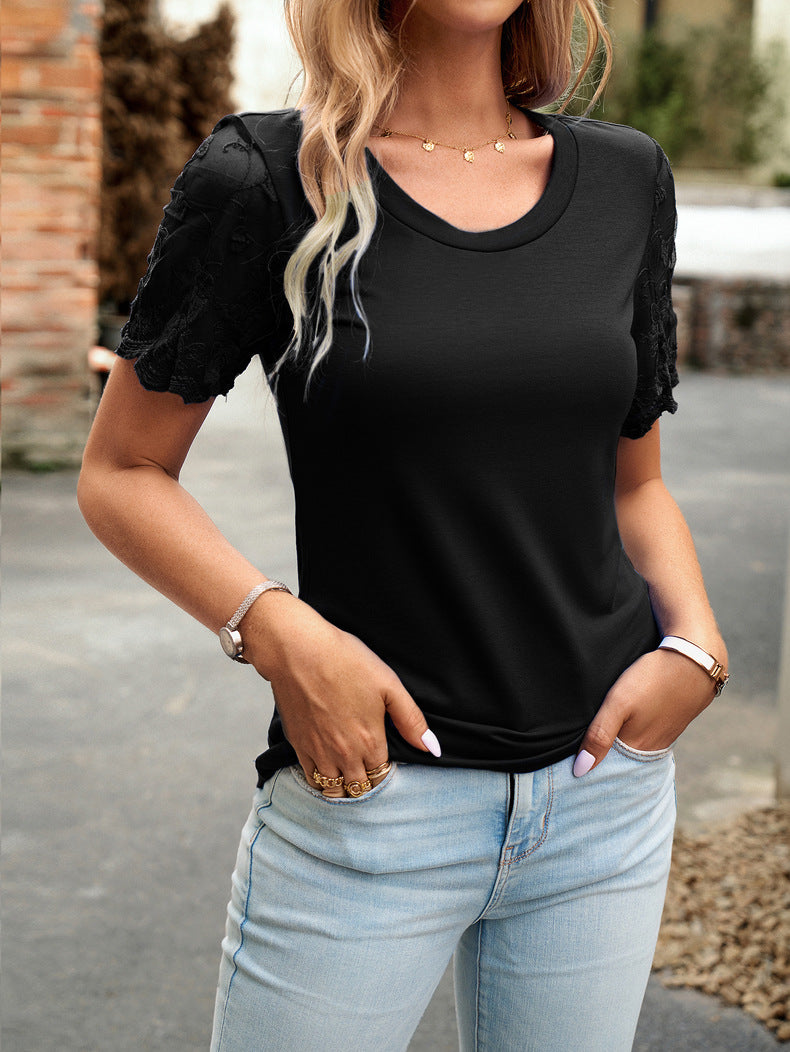 Round Neck Lace Sleeve T-Shirt