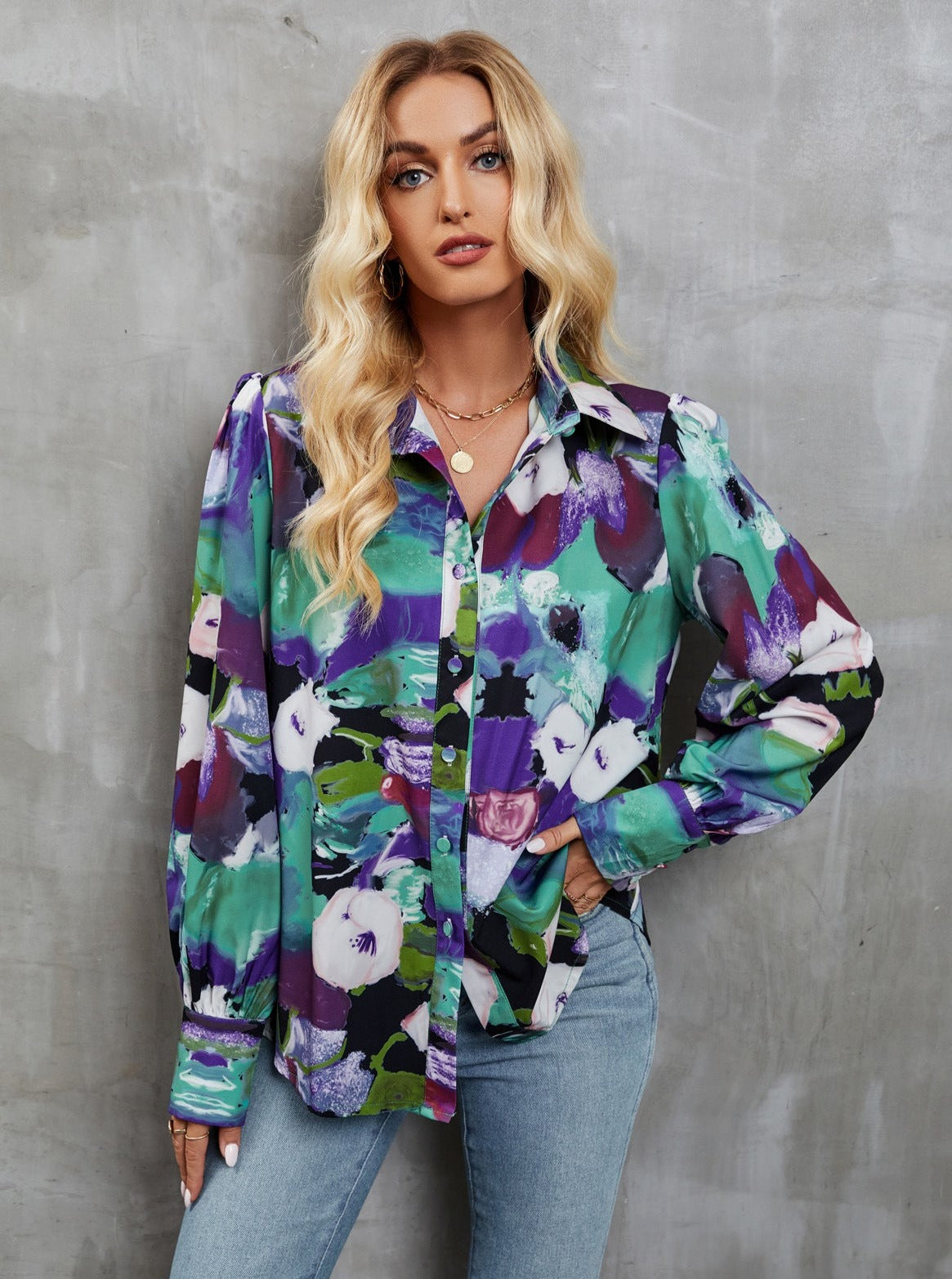 Casual Floral Print Button Up Long Sleeve Shirt