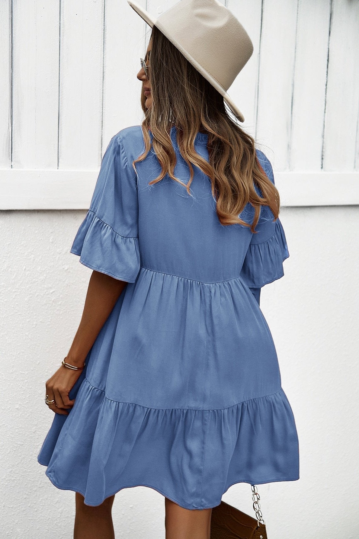 Sexy Frill V-Neck Drawstring Tie Smock Dress