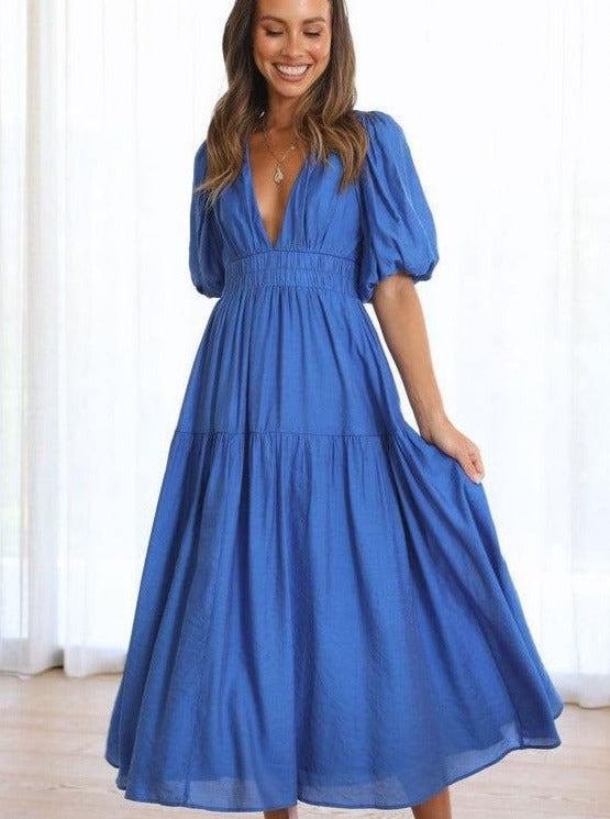 Solid Color Fluff Sleeve V-Neck Pleated Dress