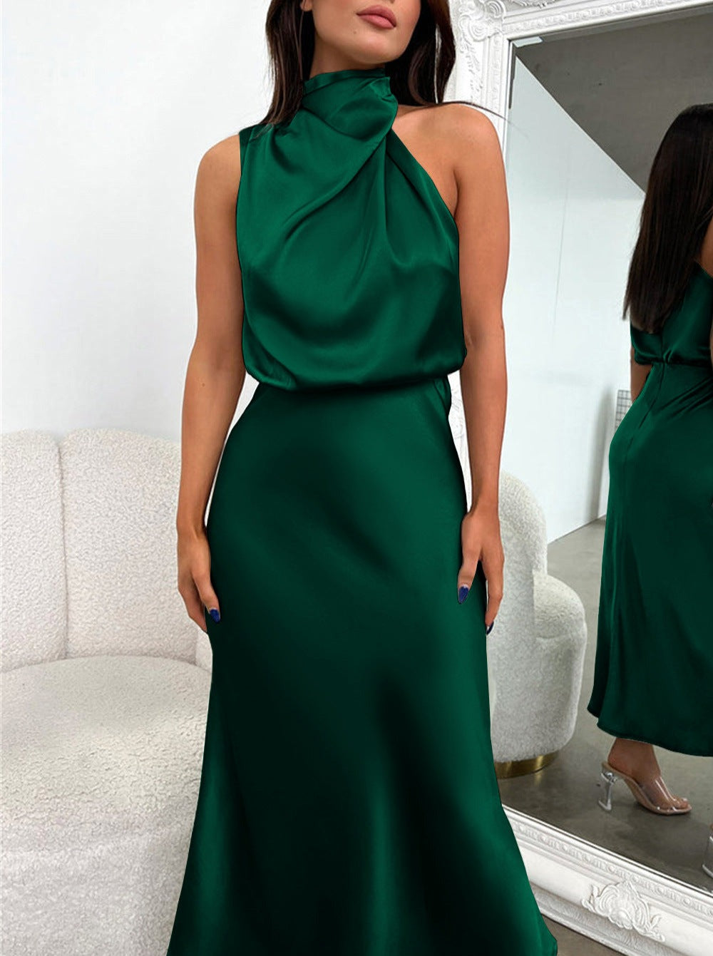 Elegant Deep Green Halter Neck Dress