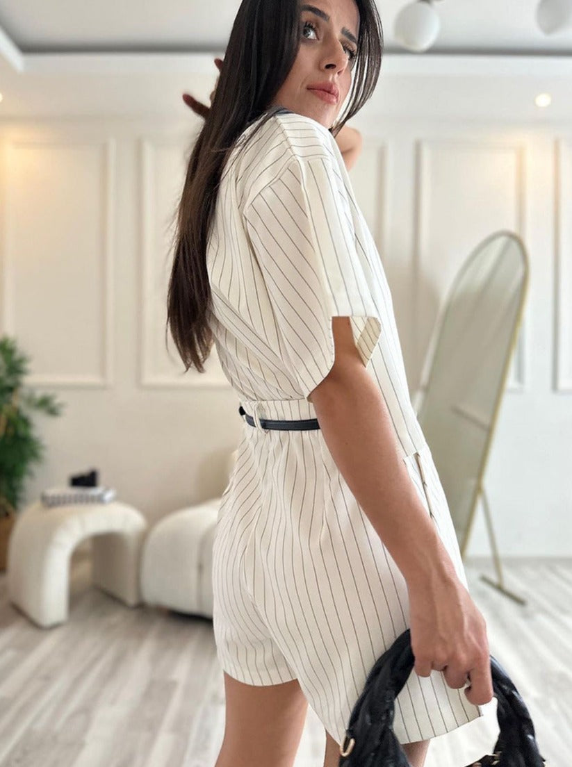 Striped Round Neck Pullover and Short Set