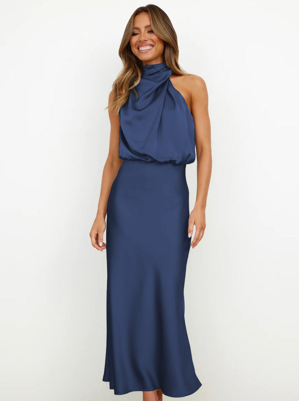 Elegant Deep Blue Halter Neck Dress