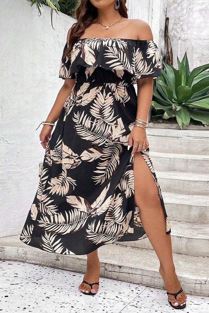 Plus Size Off Shoulder Tropical Printed Dress