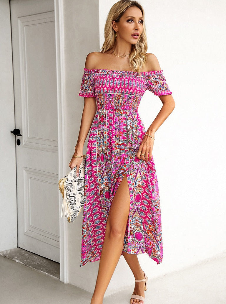 Pink Off Shoulder Bohemian Printed Dress