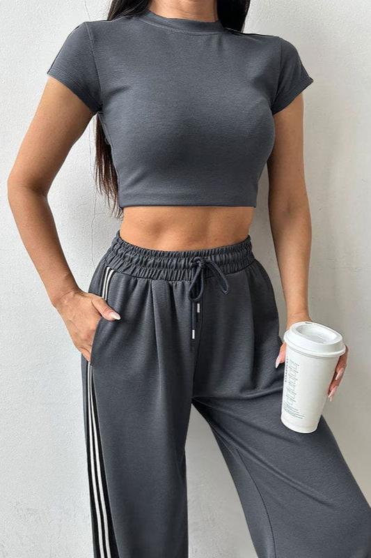 Sporty Short Sleeve Crop Top and Pants Set