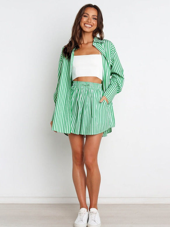 Green Striped Long Sleeves and Shorts Set