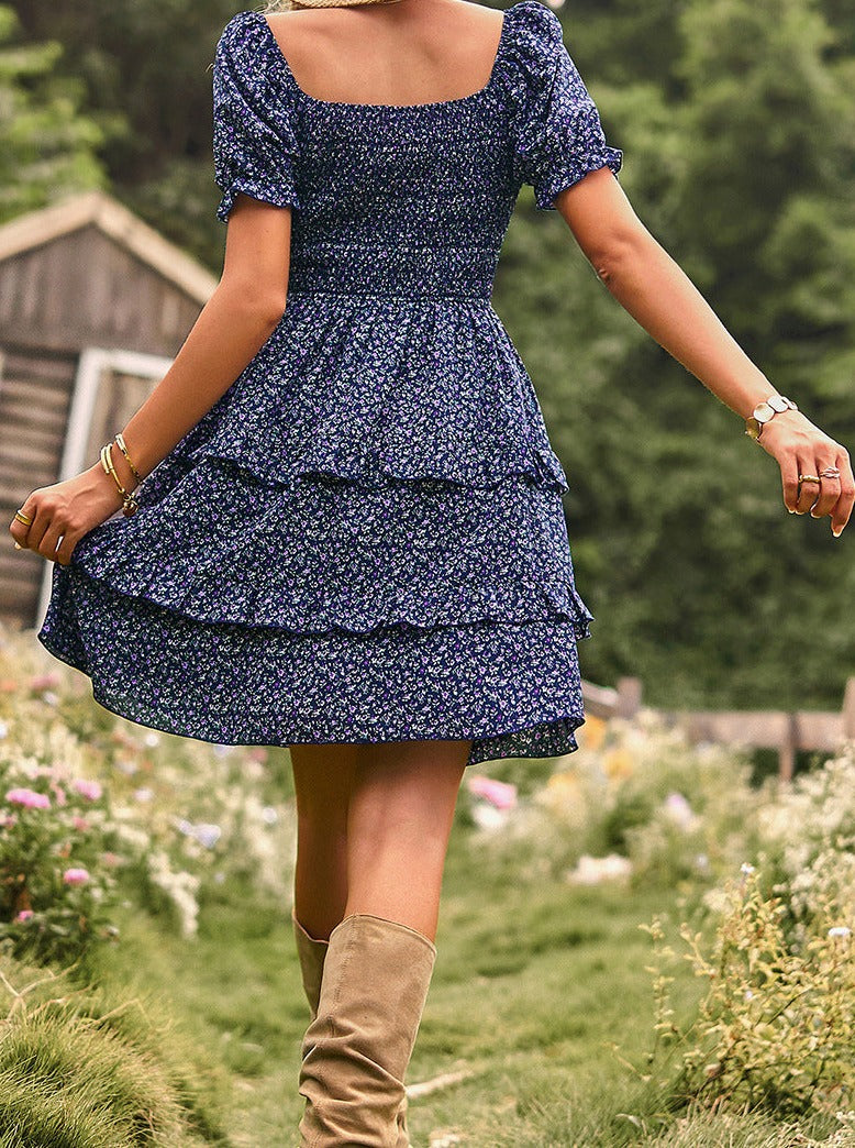 Blue V-Neck Off Shoulder Floral Printed Cake Skirt Dress