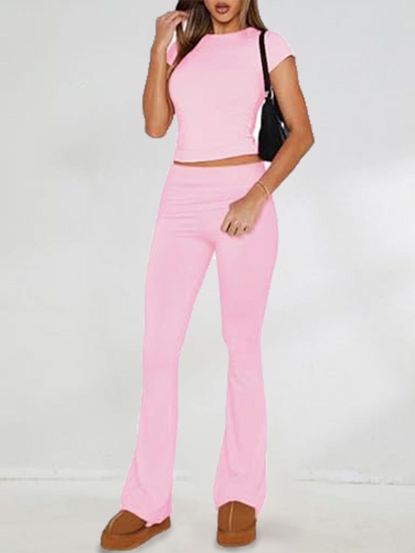 Casual Slim Short Sleeve Crop Top and Pants Set