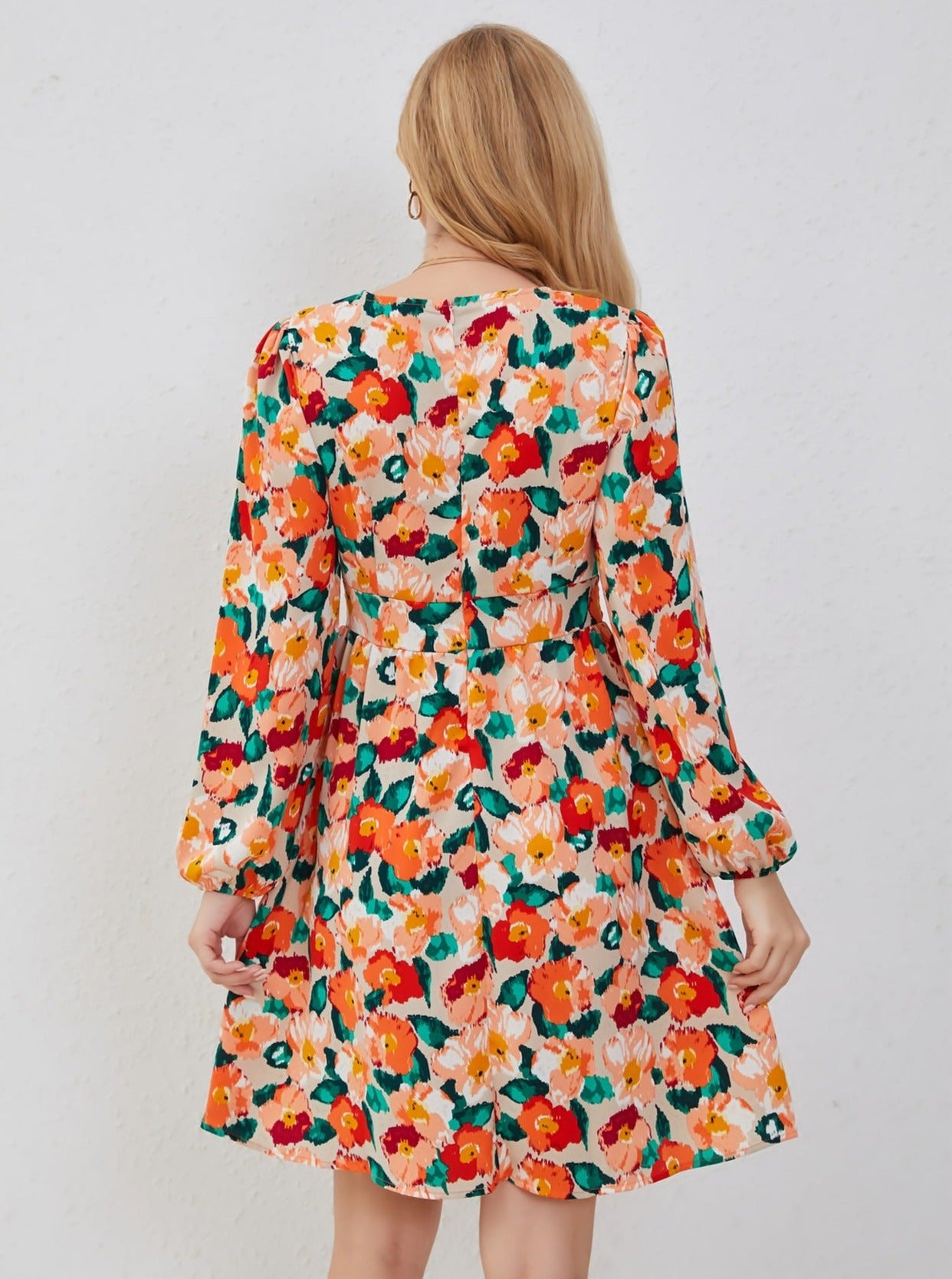 V-Neck Multicolor Floral Print Long Sleeve Mini Dress
