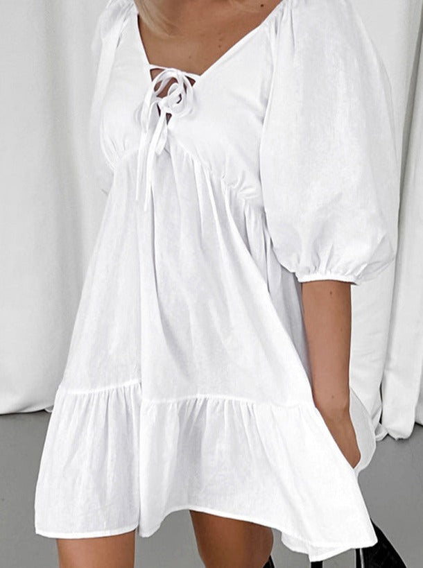 Elegant White Puff Sleeve Drawstring Dress