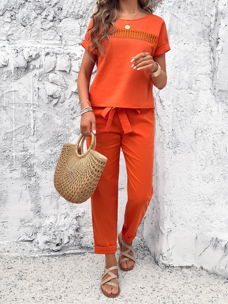 Round Neck Short Sleeve Shirt and Pants Set