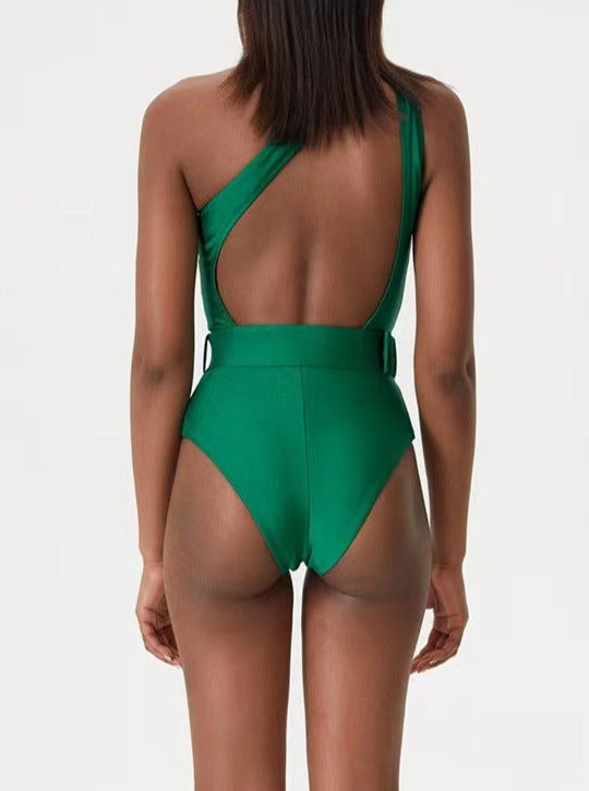 Green One Shoulder Cutout Belted Swimwear