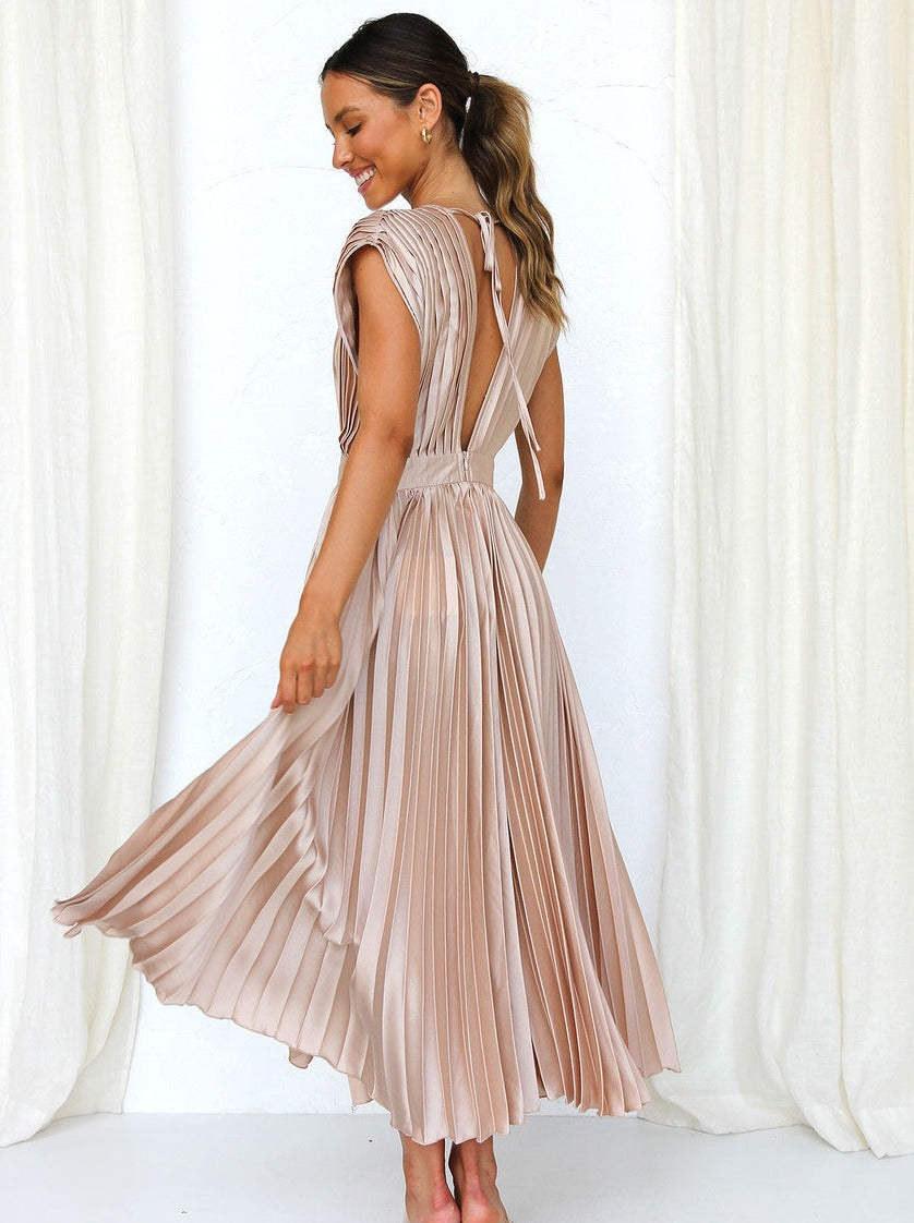 Pink Casual V-Neck Pleated Dress