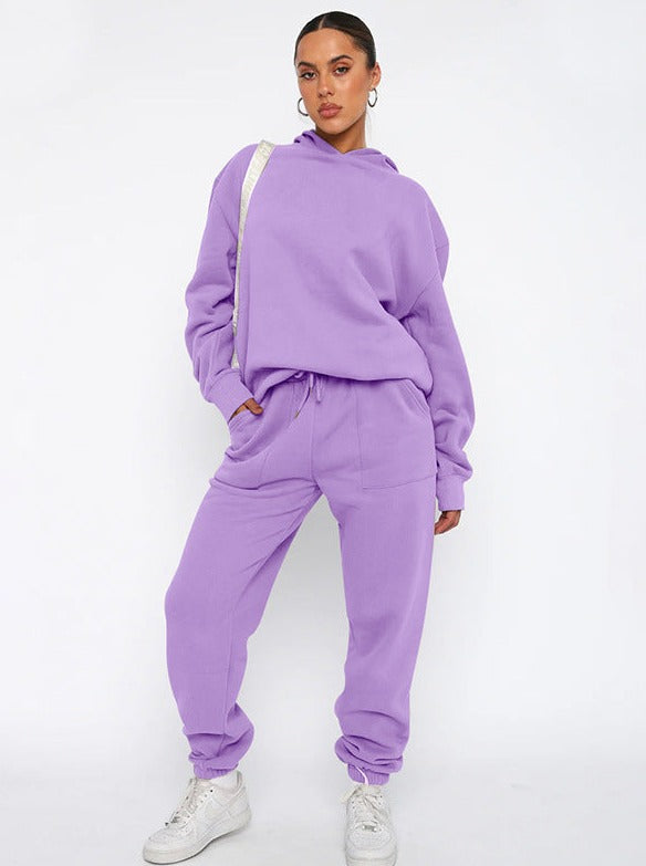 Casual Purple Hooded Long Sleeve Sweater and Trousers Set