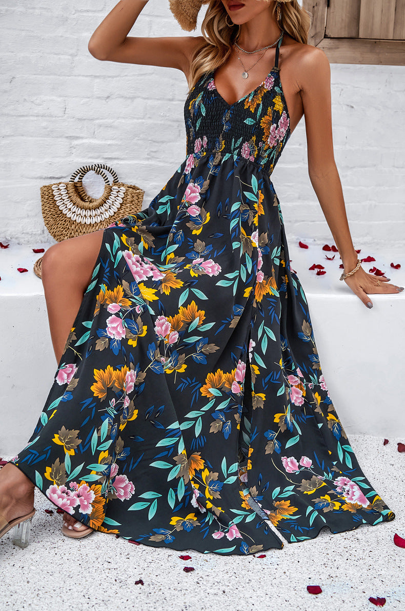 V-Neck Tie Back Printed Long Dress