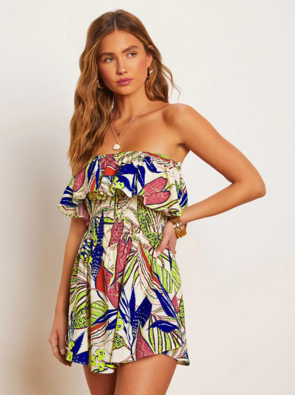Yellow Green Strapless Tropical Printed Tube Top Dress
