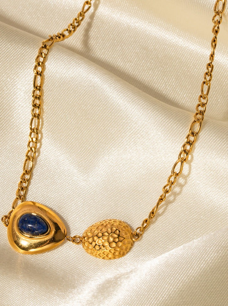 18K Stainless Steel Triangle Lapis Lazuli Oval Hammer Pattern Necklace