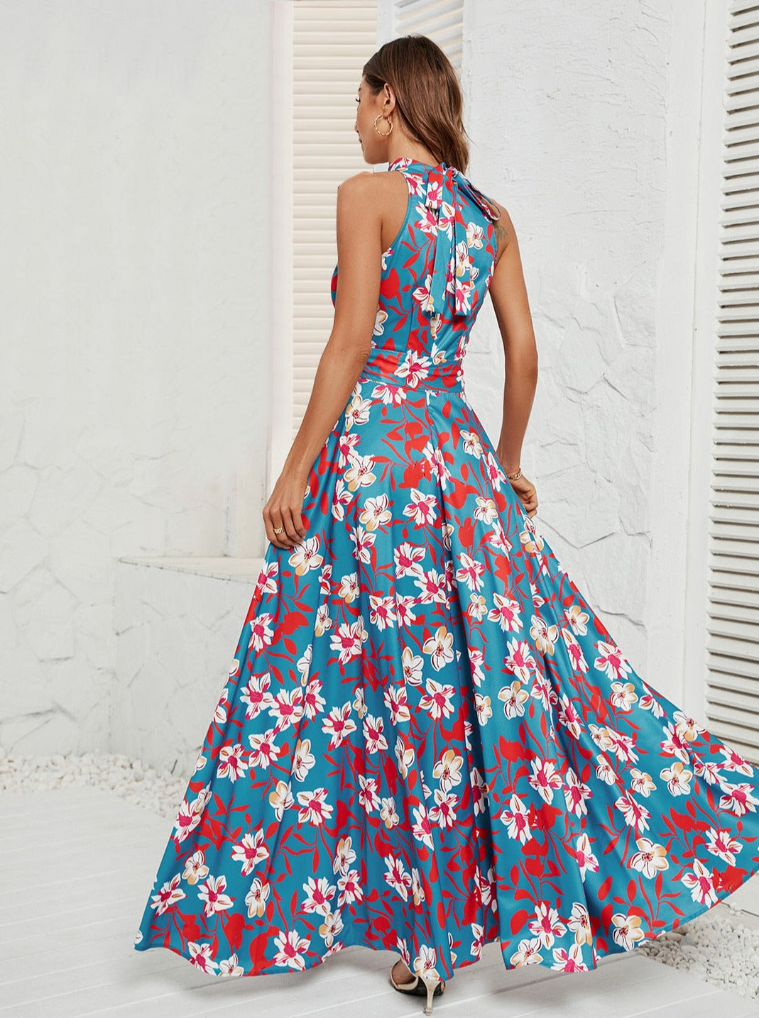 Elegant V-Neck Floral Short Sleeve Maxi Dress