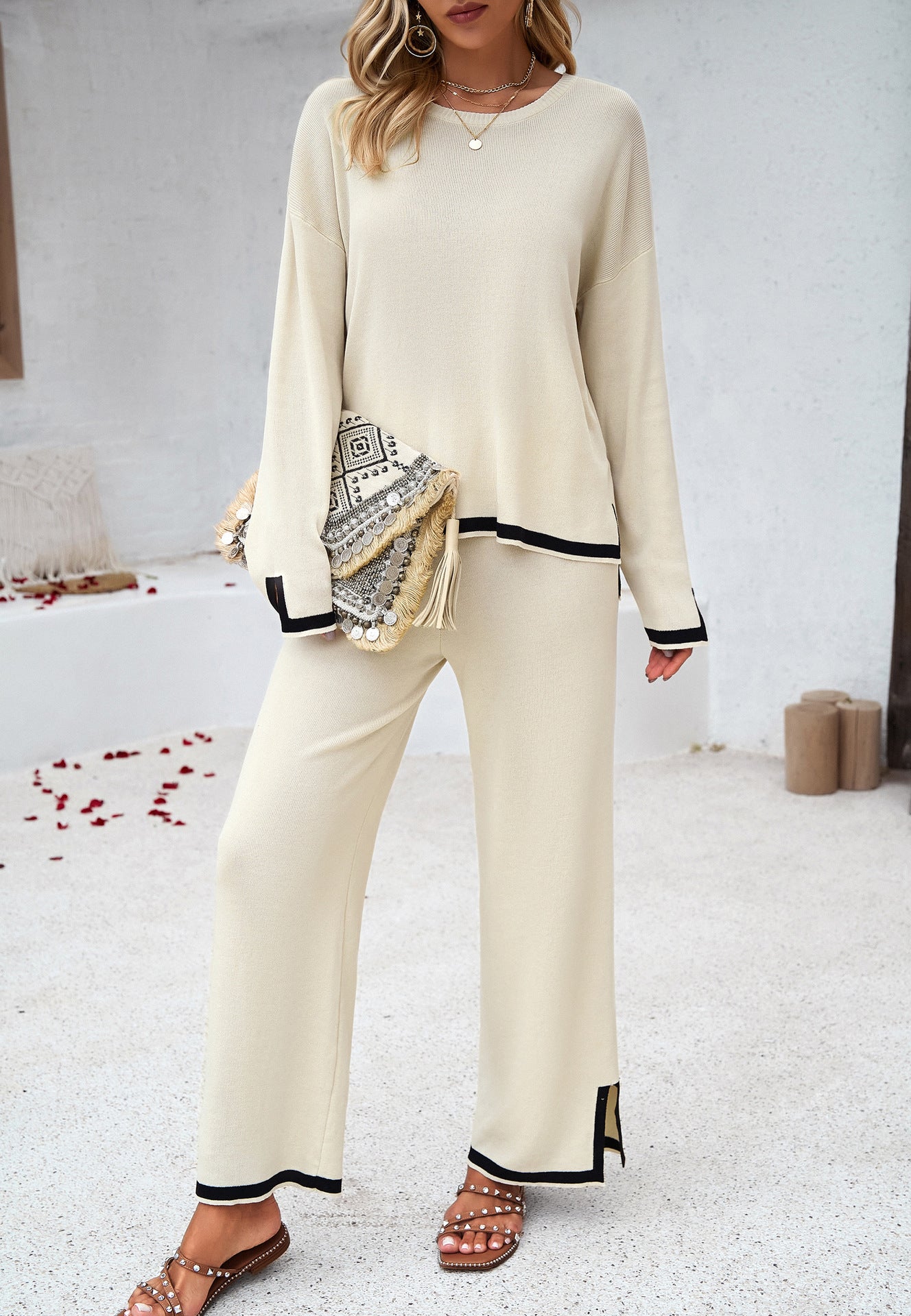 Knitted Solid Color Long-Sleeve and Small Slit Long Pants Suit