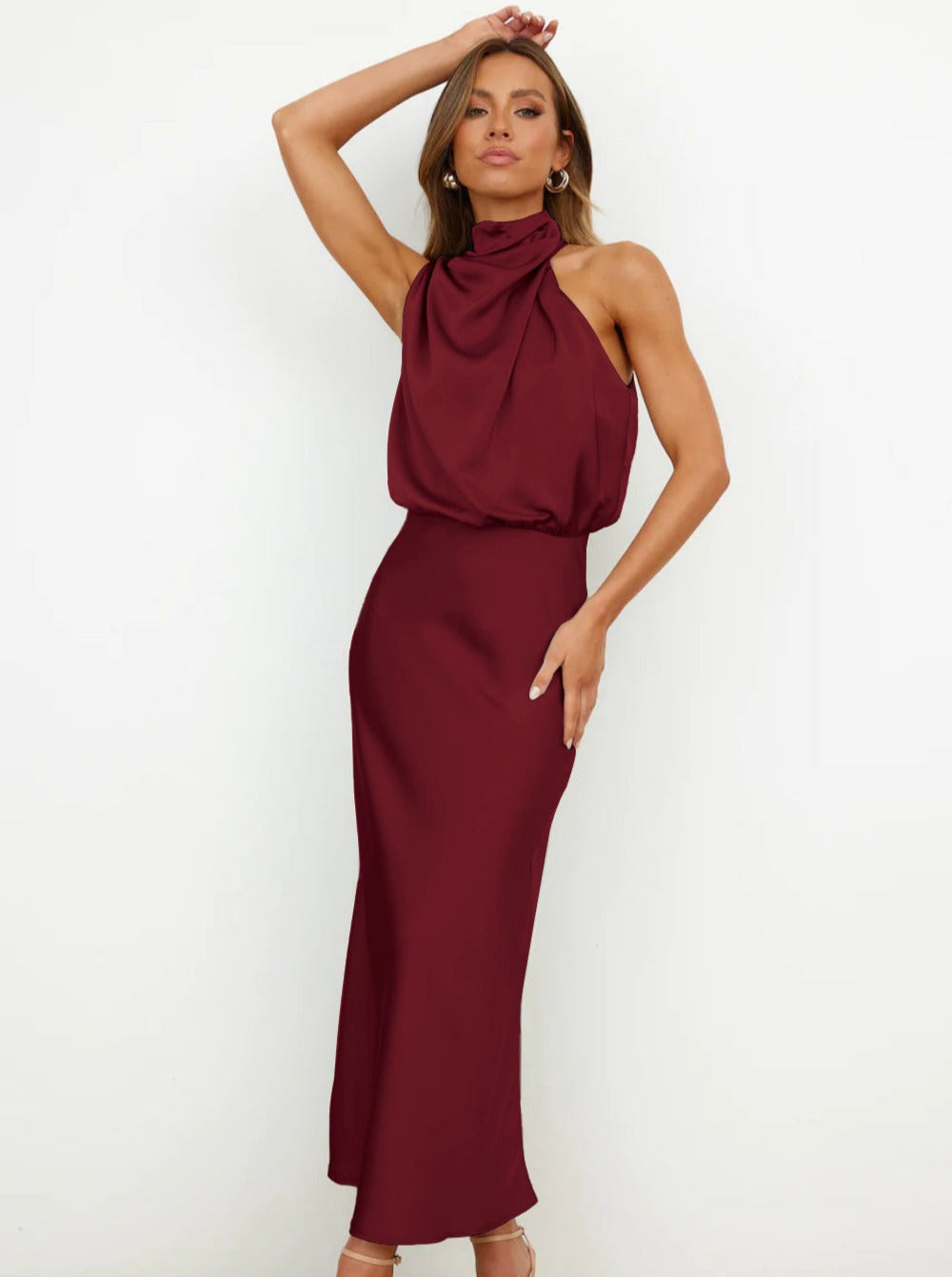 Elegant Maroon Halter Neck Dress